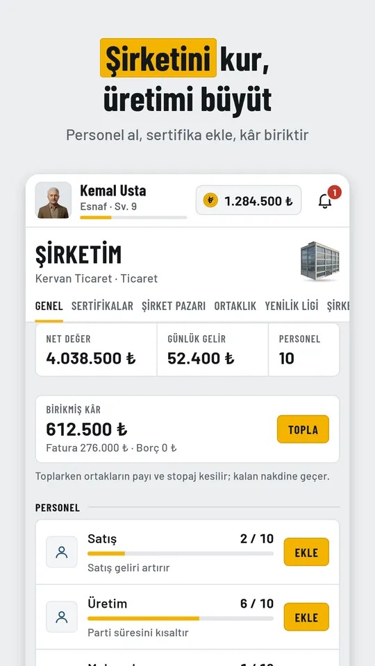 Şirketim: net değer, günlük gelir, birikmiş kâr ve personel